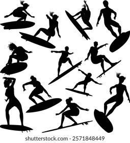 Surfer surfboard boarding male and female surfers surfing silhouette outlines. Men and women surf set design concept.