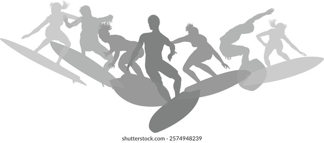 Surfer surfboard boarding male and female surfers surfing silhouette outlines. Men and women surf group design concept.
