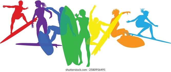 Surfer surfboard boarding male and female surfers surfing colorful silhouette outlines. Men and women surf group design concept.
