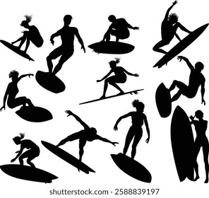 Surfer surfboard boarding male and female surfers surfing silhouette outlines. Men and women surf set design concept.