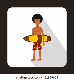 Surfer with surfboard icon in flat style with long shadow. Surfing symbol