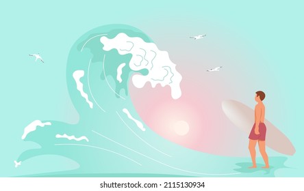 Surfer with surfboard looking at the Barreled Rushing Wave isolated on seascape background. Flat Art Vector Illustration