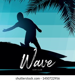 Surfer with surfboard on colorful gradient background with palm leaves