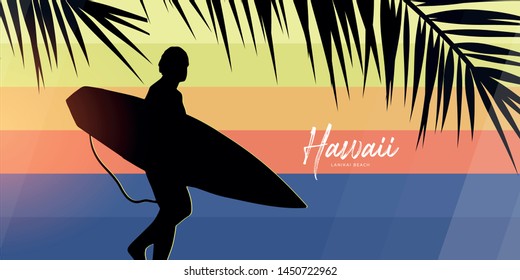 Surfer with surfboard on colorful gradient background with palm leaves