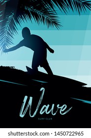 Surfer with surfboard on colorful gradient background with palm leaves