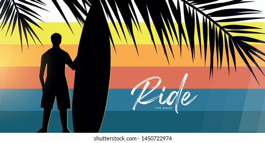 Surfer with surfboard on colorful gradient background with palm leaves
