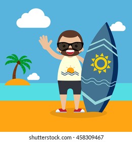 Surfer with surfboard on summer vacation flat design vector illustration