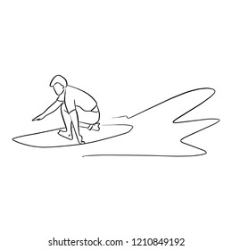 Surfer with surfboard on the wave vector illustration sketch doodle hand drawn with black lines isolated on white background