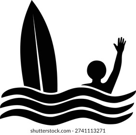 Surfer with surfboard struggling in ocean waves with arm raised isolated