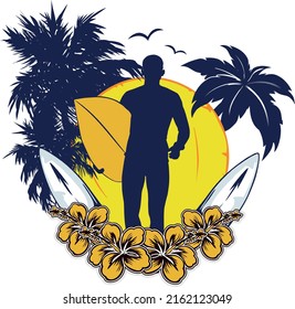 surfer with surfboard sun trees and flowers