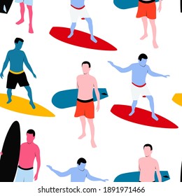Surfer with surfboard vector cartoon seamless pattern on a white background.