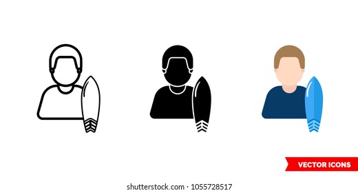 Surfer surfboarder icon of 3 types: color, black and white, outline. Isolated vector sign symbol.