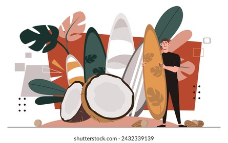 Surfer with surfboards. Man at tropical and exotic countries. Active lifestyle and extreme sports. Young guy with boards and coconut. Cartoon flat vector illustration isolated on white background