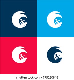 Surfer surfing in a big water wave four color material and minimal icon logo set in red and blue