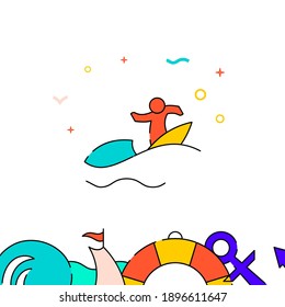 Surfer, surfing filled line vector icon, simple illustration, water safety and watercraft related bottom border.