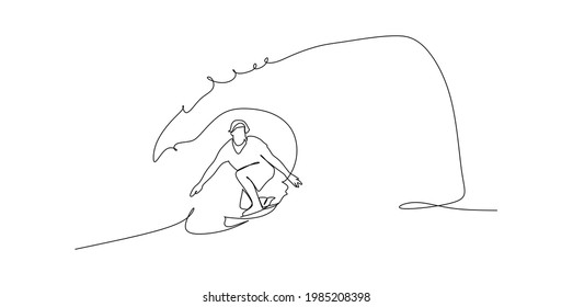 Surfer Surfing Hollow Wave Tube Ride Closeup Up Water -continuous One Line Drawing