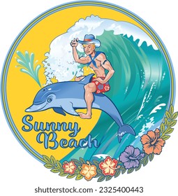 A surfer is surfing on a dolphin in a blue ocean wave