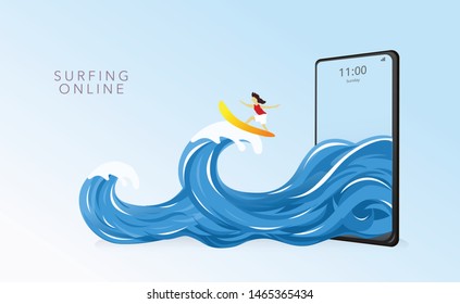 Surfer surfing online a phone wave  vector illustration. Surfing the web for banner , header , ads, or mobile phone application, marketing and digital marketing vector .