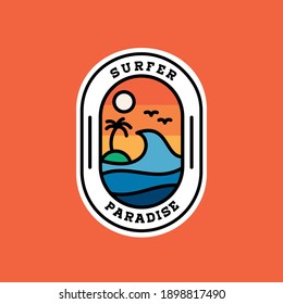 Surfer Surfing Paradise Sticker Badge Label Minimalist Flat Retro Vintage Logo design Inspiration