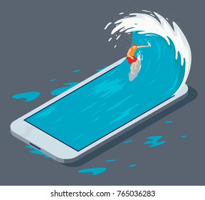 Surfer Surfing A Phone Wave Vector Illustration. Surfing The Web Design Concept