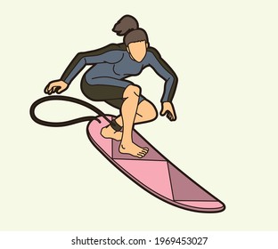 Surfer Surfing Sport Female Player Action Cartoon Graphic Vector
