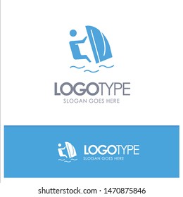 Surfer, Surfing, Water, Wind, Sport Blue Solid Logo with place for tagline. Vector Icon Template background