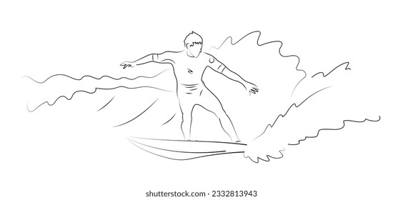 Surfer surfing a wave wearing a neoprene suit. Water sports. Hand drawn black inked strokes line art vector illustration isolated on white background.