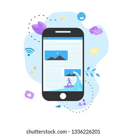 Surfer surfing a wave web page vector illustration. Web page surfing concept.