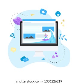 Surfer surfing a wave web page vector illustration. Web page surfing concept.