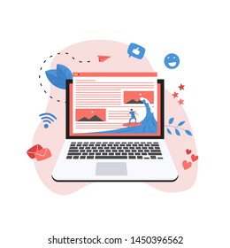 Surfer surfing a wave web page vector illustration. Web page surfing concept.	