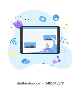 Surfer surfing a wave web page vector illustration. Web page surfing concept.