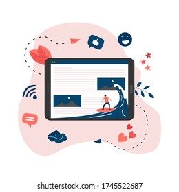 Surfer surfing a wave web page vector illustration. Web page surfing concept	
