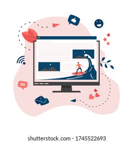 Surfer surfing a wave web page vector illustration. Web page surfing concept	
