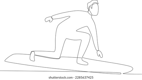 A surfer surfing while looking at the sea. Surfing one-line drawing