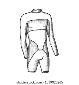Surfer Swimming Suit For Man Monochrome Vector. Swimming Wetsuit. Clothing For Aquatic Extreme Sport Engraving Concept Template Hand Drawn In Vintage Style Black And White Illustration