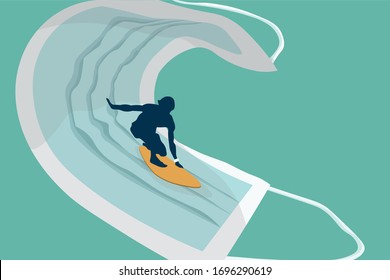 Surfer swimming in a wave from a protective mask. The author is trying to convey that due to the COVID-19 virus, most people cannot engage in their hobbies.