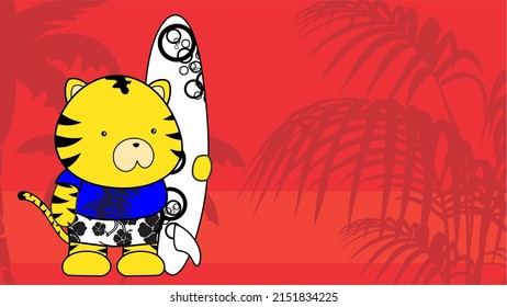 surfer tiger kid cartoon summer tropical background in vector format