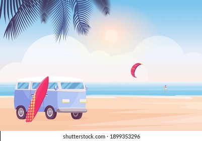 Surfer travel bus with surfboard on tropical beach vector illustration. Cartoon beachside scenery, camper van on sandy beach and palm tree, surfer character surfing in sea or ocean waves background