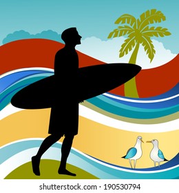 surfer with tropical background