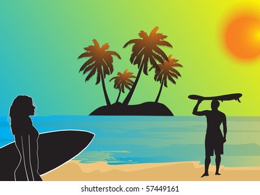 Surfer in tropical background