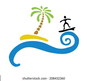 surfer and tropical island with palm, vector illustration