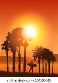 Surfer in a tropical landscape