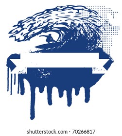 surfer in tube with big wave and grunge banner