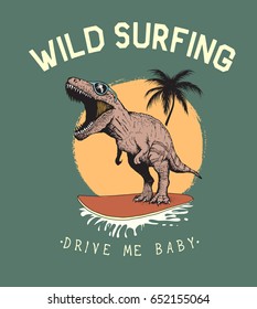 surfer tyrannosaur rides on surfboard.Surfing on the beach .Vintage style.Prints design for t-shirts