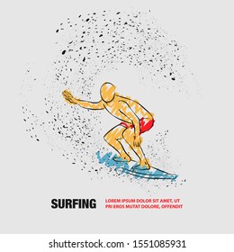 Surfer under the wave. Vector outline of surfing with scribble doodles.