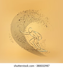 Surfer under the wave. Vector retro illustration on old paper.