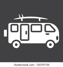 Surfer van glyph icon, transport and vehicle, camper bus sign vector graphics, a solid pattern on a black background, eps 10.