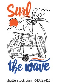 Surfer Van Illustration on beach hawaii palm