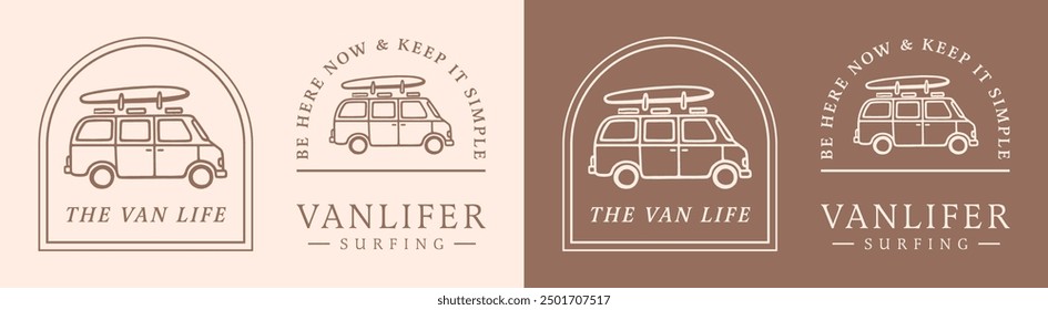 Surfer van life vanlife Surfen Road Trip Zitate hier sein jetzt halten es einfach. Boho retro ästhetisch minimalistischen Logo Kunst Illustrationen Hemd Design Text Kleidung druckbare Vektor Schnitt Datei Paket.