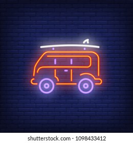 Surfer van neon sign. Retro bus with surfboard on roof on dark brick wall background. Night bright advertisement. Vector illustration in neon style for beach vacation or travelling